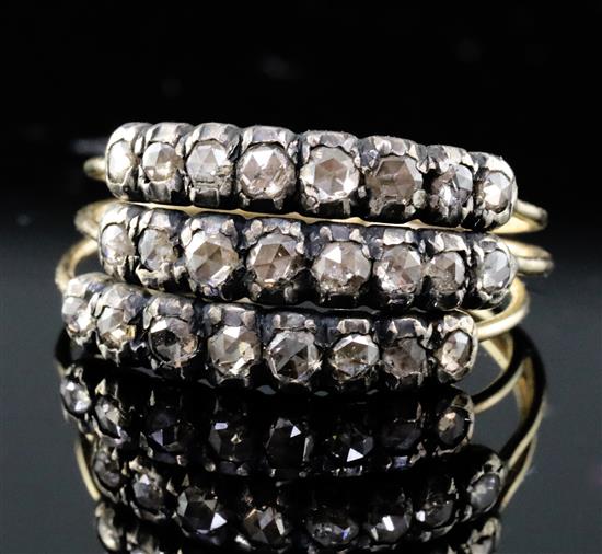A 19th century gold and rose cut diamond set triple shank half hoop ring, size N.